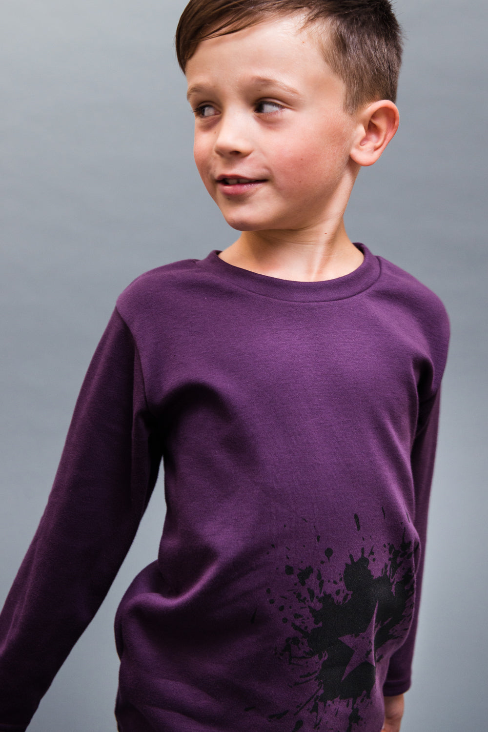 Plum coloured long sleeve t-shirt 100% cotton with ink splat star design