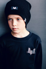 One size black beanie hat with logo small fox head design label detail, suitable for adults and children alike
